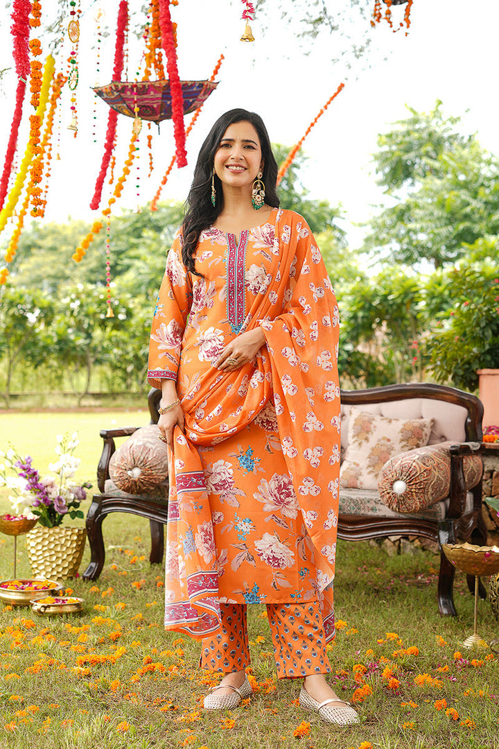 Orange Cotton Blend Floral Printed Straight Kurta Trousers With Dupatta | SHOBITAM