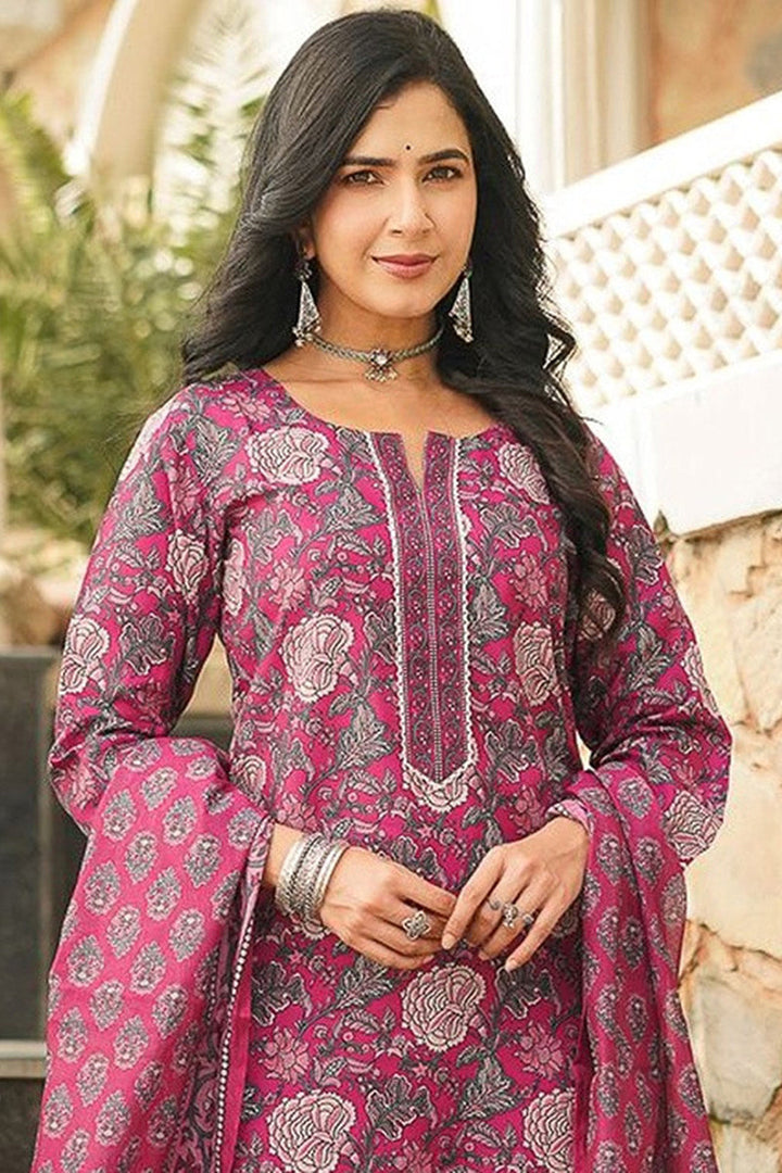 Pink Cotton Blend Floral Printed Straight Kurta Trousers With Dupatta | SHOBITAM
