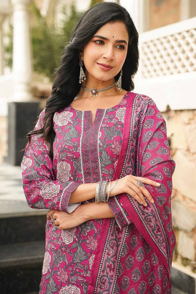 Pink Cotton Blend Floral Printed Straight Kurta Trousers With Dupatta | SHOBITAM
