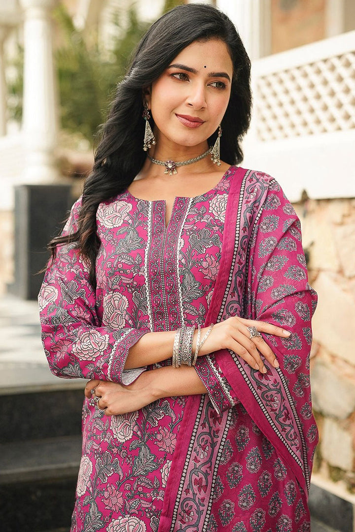 Pink Cotton Blend Floral Printed Straight Kurta Trousers With Dupatta | SHOBITAM
