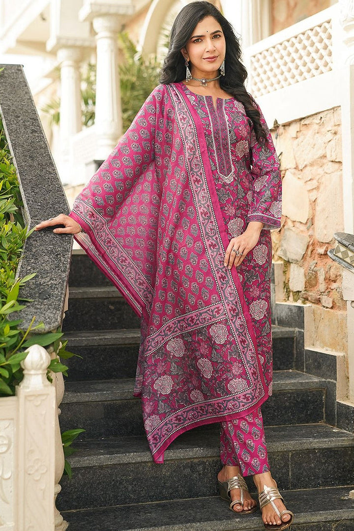 Pink Cotton Blend Floral Printed Straight Kurta Trousers With Dupatta | SHOBITAM
