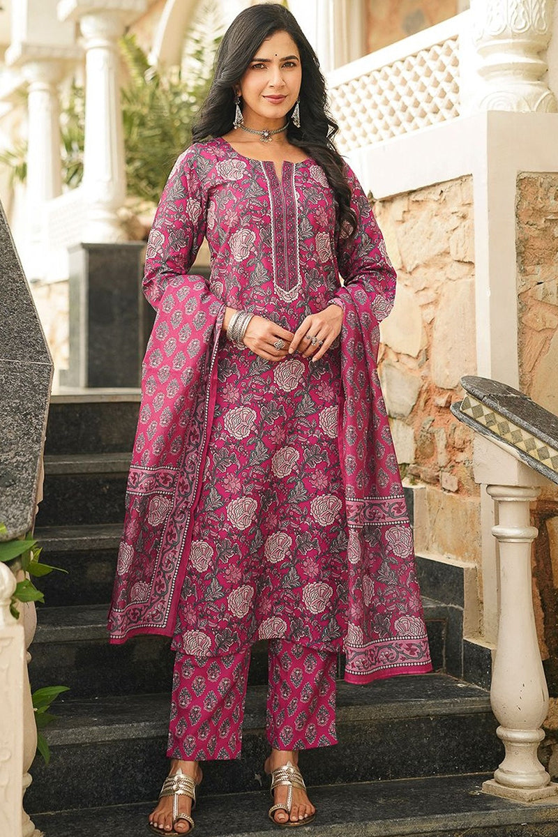 Pink Cotton Blend Floral Printed Straight Kurta Trousers With Dupatta | SHOBITAM
