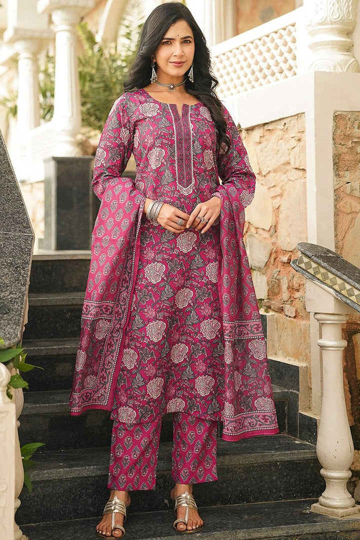 Pink Cotton Blend Floral Printed Straight Kurta Trousers With Dupatta | SHOBITAM