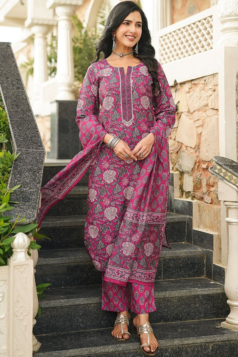 Pink Cotton Blend Floral Printed Straight Kurta Trousers With Dupatta | SHOBITAM