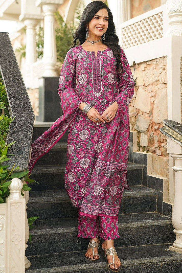 Pink Cotton Blend Floral Printed Straight Kurta Trousers With Dupatta | SHOBITAM