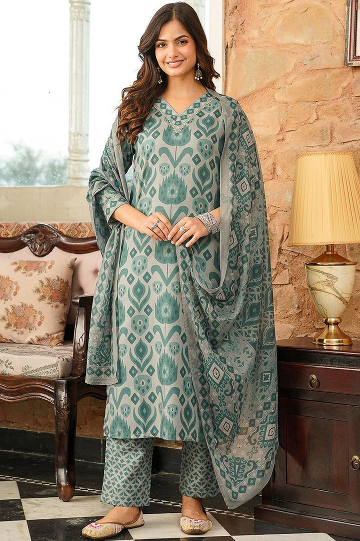 Grey Cotton Blend Ethnic Motifs Printed Straight Kurta Trousers With Dupatta | SHOBITAM