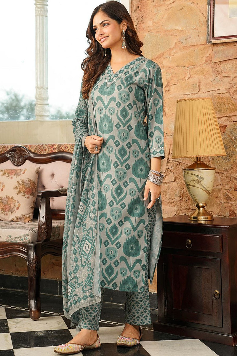 Grey Cotton Blend Ethnic Motifs Printed Straight Kurta Trousers With Dupatta | SHOBITAM