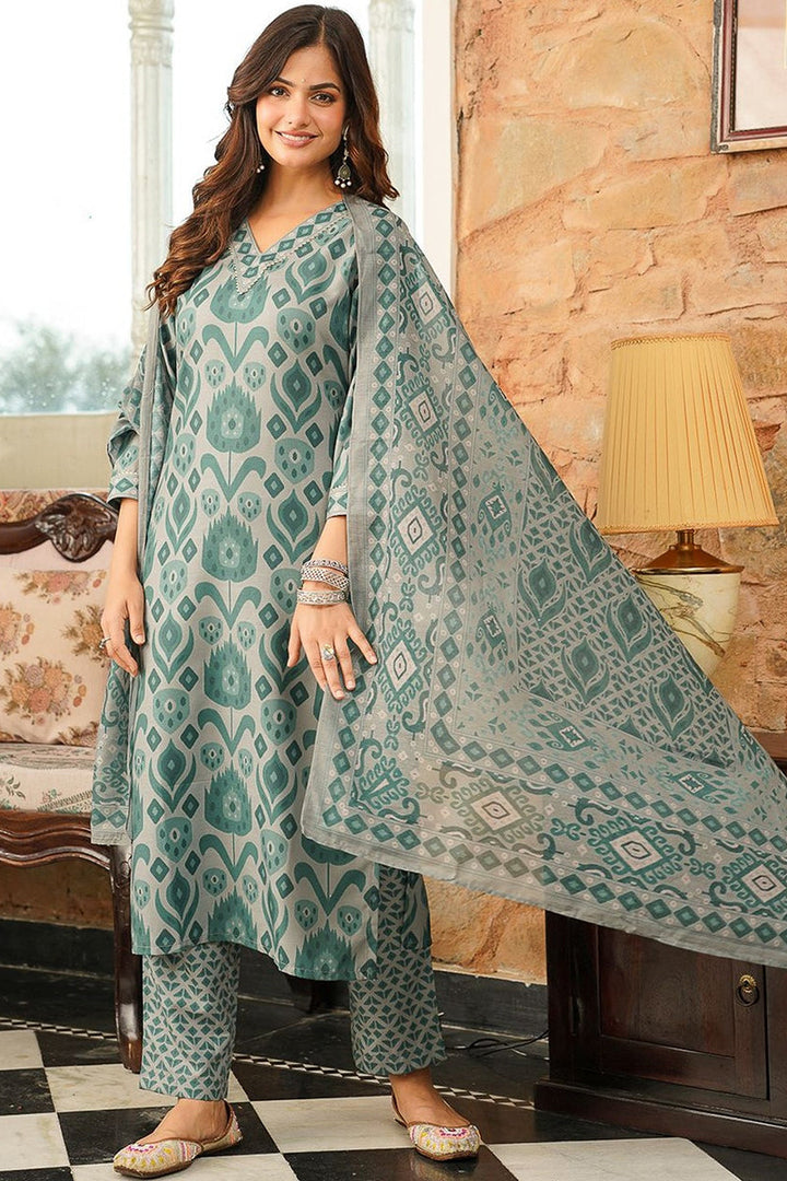 Grey Cotton Blend Ethnic Motifs Printed Straight Kurta Trousers With Dupatta | SHOBITAM