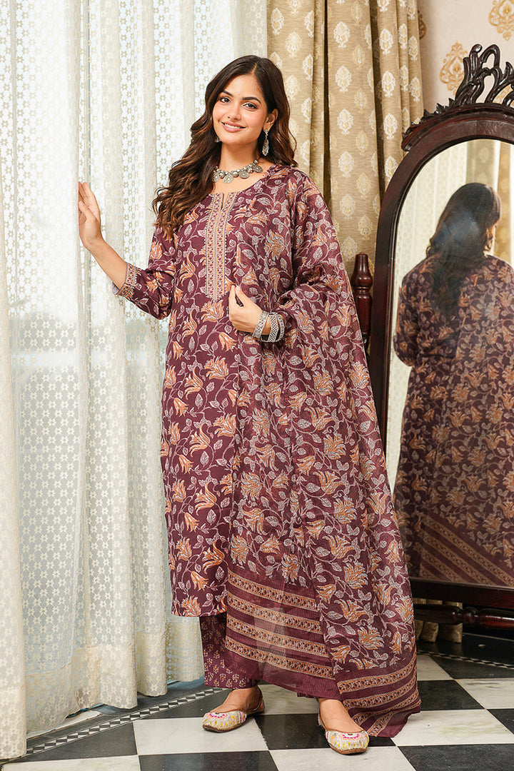 Brown Cotton Blend Floral Printed Straight Kurta Trousers With Dupatta | SHOBITAM