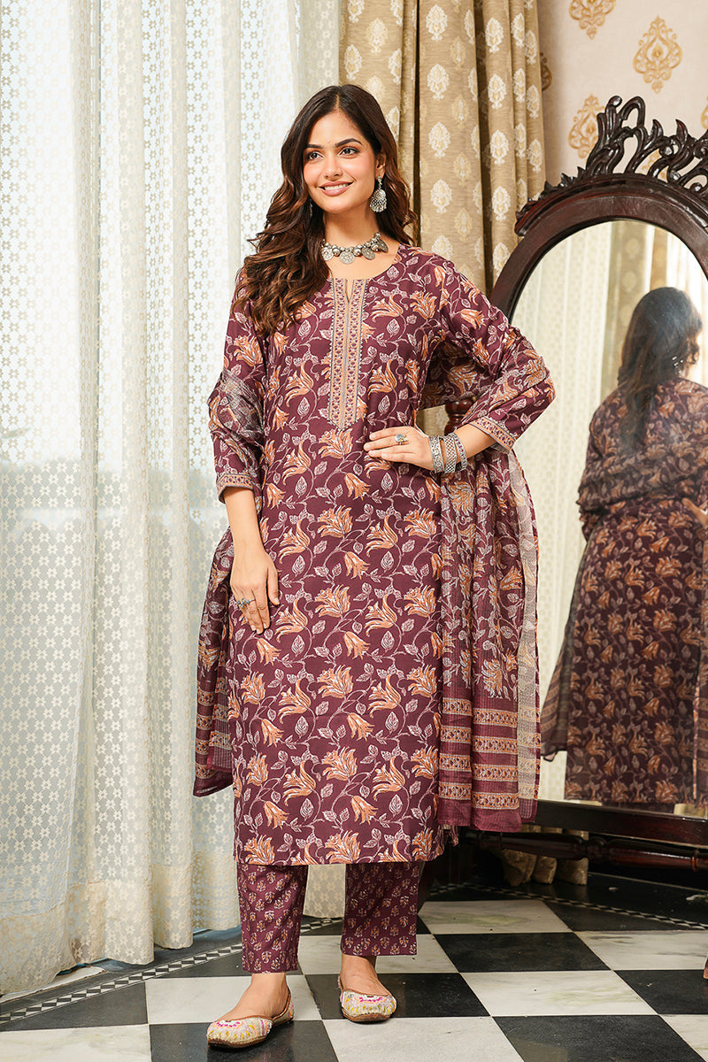 Brown Cotton Blend Floral Printed Straight Kurta Trousers With Dupatta | SHOBITAM