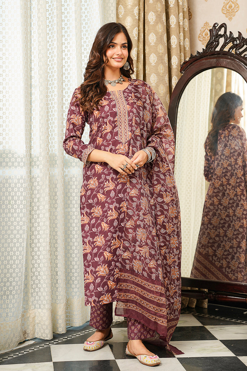 Brown Cotton Blend Floral Printed Straight Kurta Trousers With Dupatta | SHOBITAM