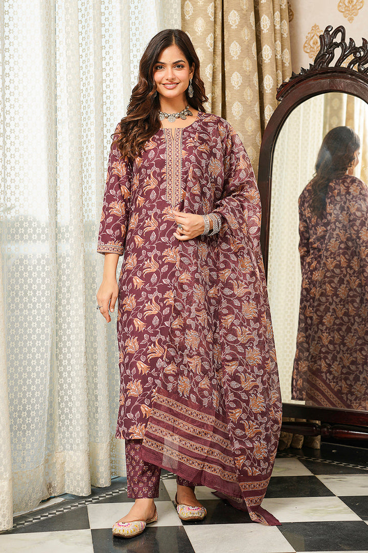 Brown Cotton Blend Floral Printed Straight Kurta Trousers With Dupatta | SHOBITAM