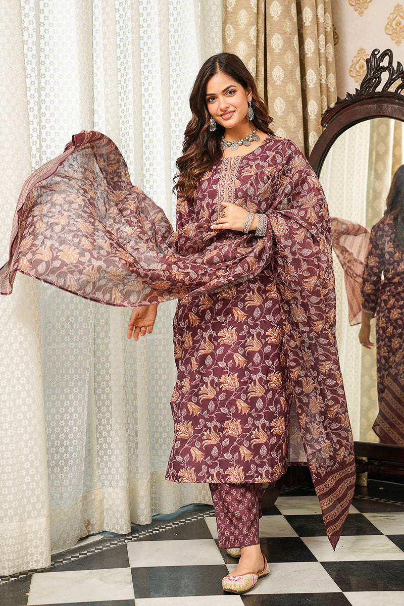 Brown Cotton Blend Floral Printed Straight Kurta Trousers With Dupatta | SHOBITAM