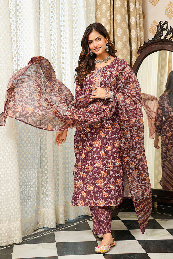 Brown Cotton Blend Floral Printed Straight Kurta Trousers With Dupatta | SHOBITAM