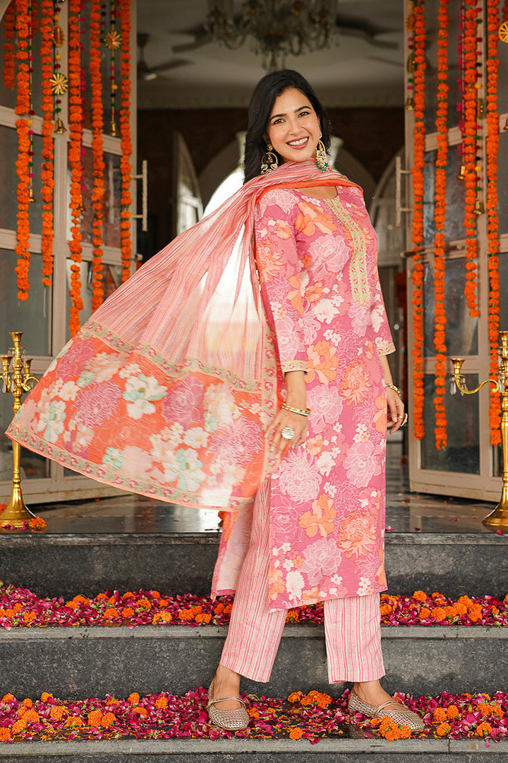 Pink Cotton Blend Floral Printed Straight Kurta Trousers With Dupatta | SHOBITAM