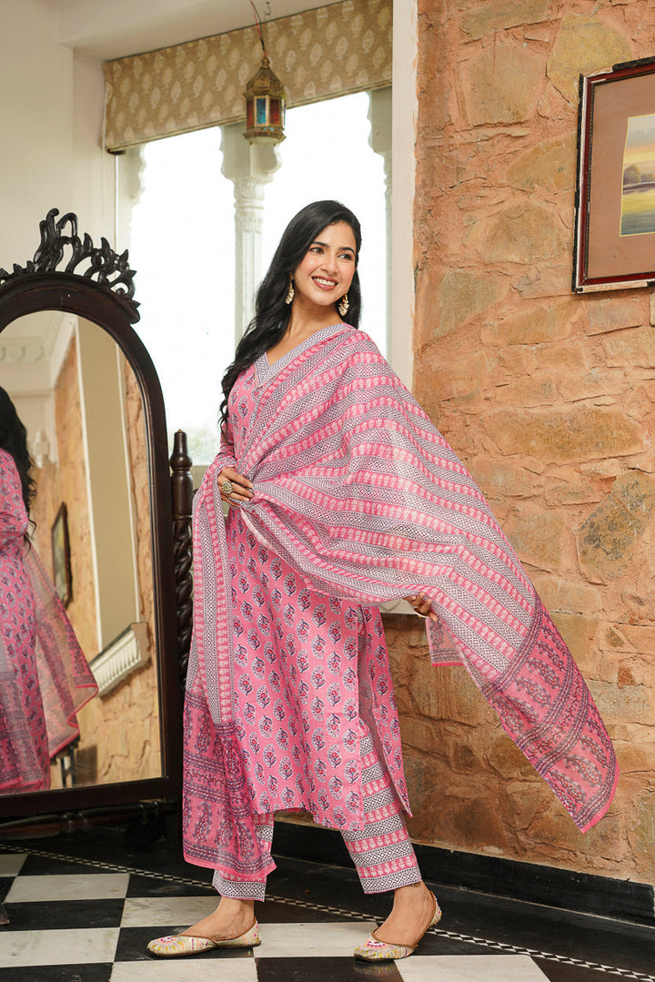 Pink Cotton Blend Ethnic Motifs Printed Straight Kurta Trousers With Dupatta | SHOBITAM