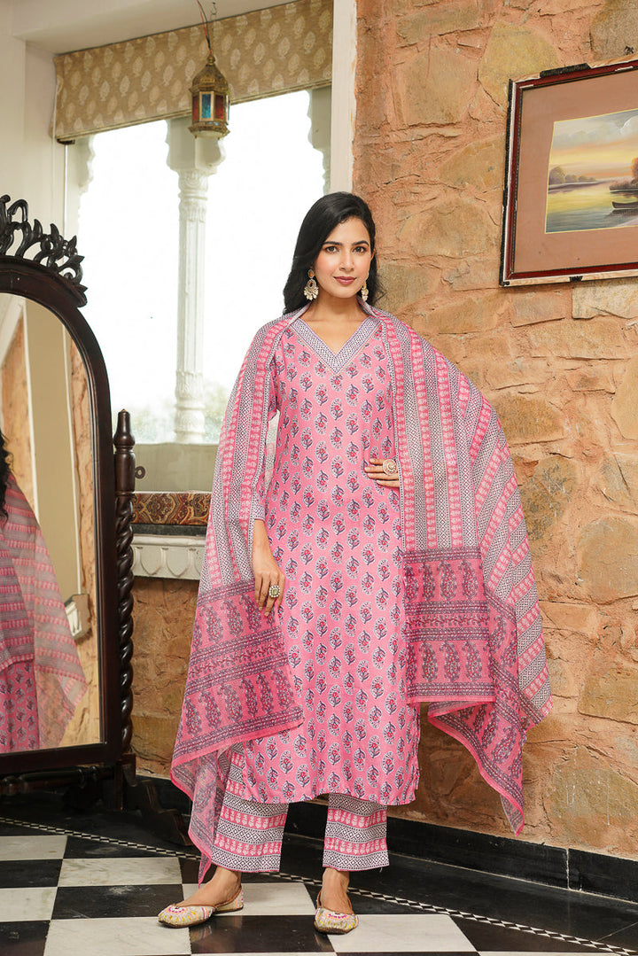 Pink Cotton Blend Ethnic Motifs Printed Straight Kurta Trousers With Dupatta | SHOBITAM