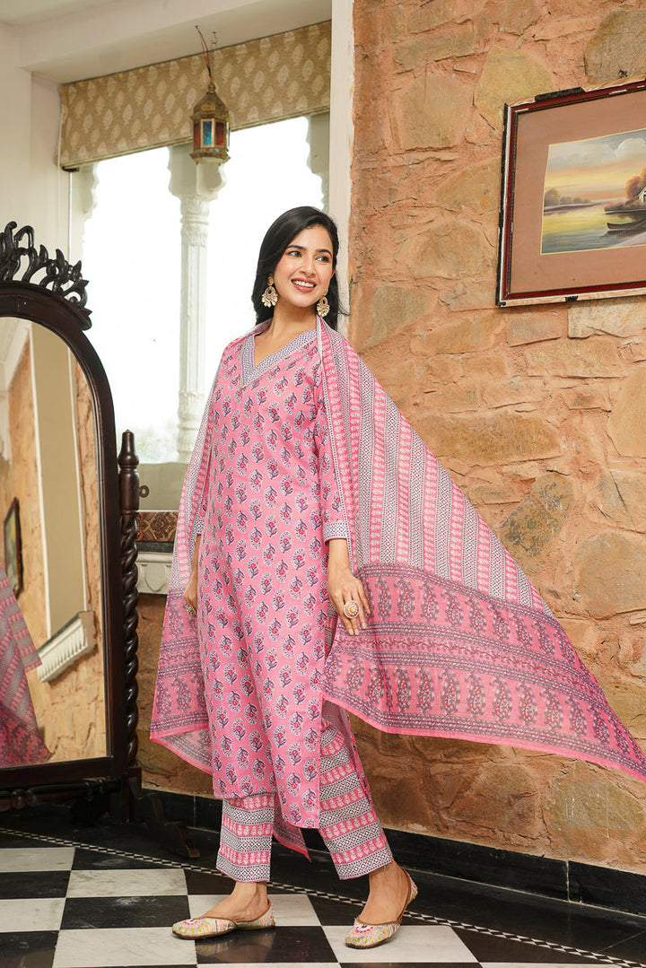 Pink Cotton Blend Ethnic Motifs Printed Straight Kurta Trousers With Dupatta | SHOBITAM