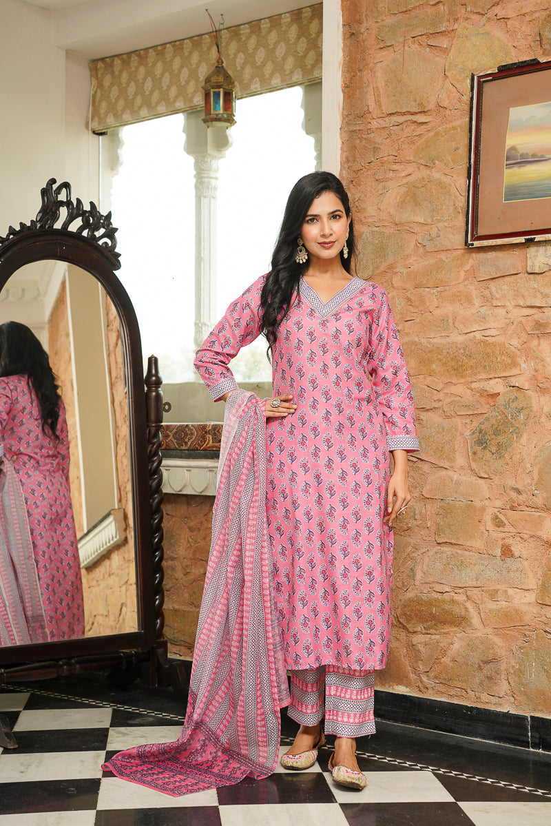 Pink Cotton Blend Ethnic Motifs Printed Straight Kurta Trousers With Dupatta | SHOBITAM
