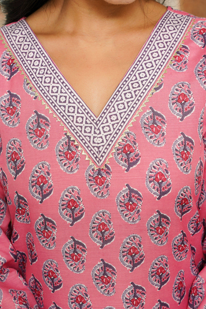 Pink Cotton Blend Ethnic Motifs Printed Straight Kurta Trousers With Dupatta | SHOBITAM