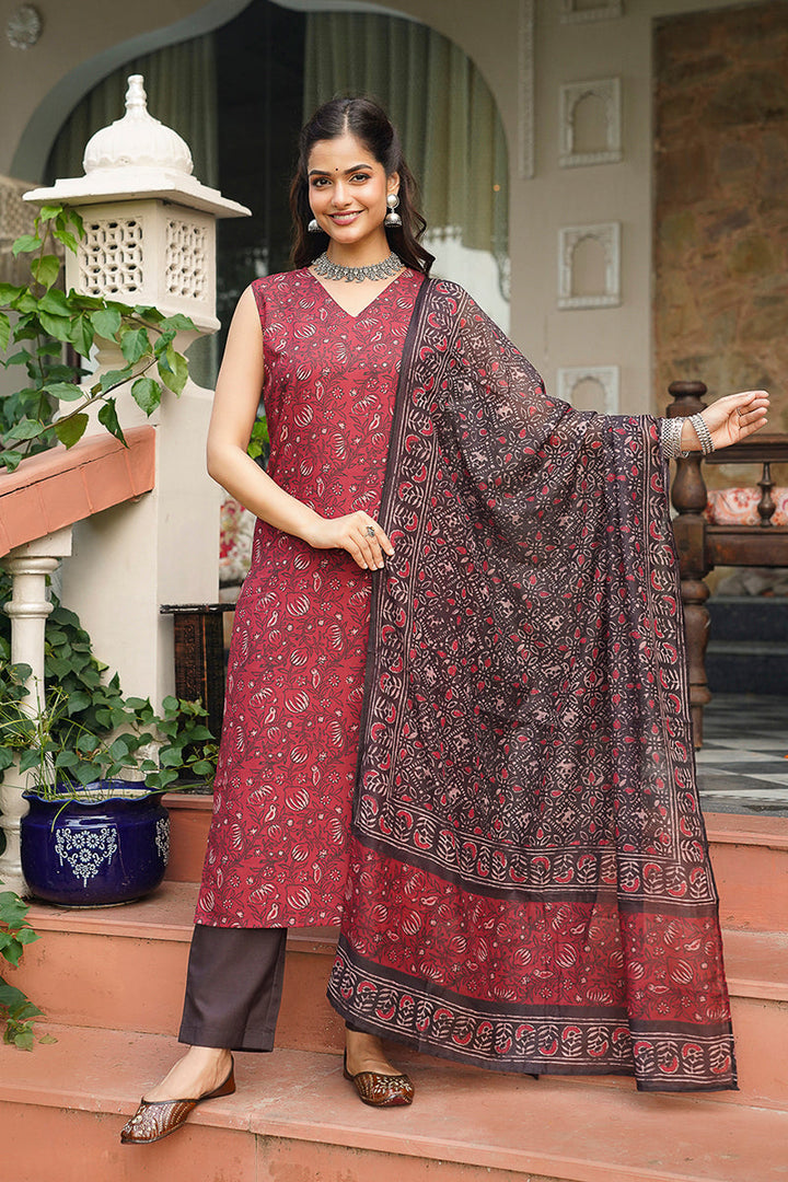Maroon Cotton Blend Printed Straight Kurta Trousers With Dupatta | SHOBITAM