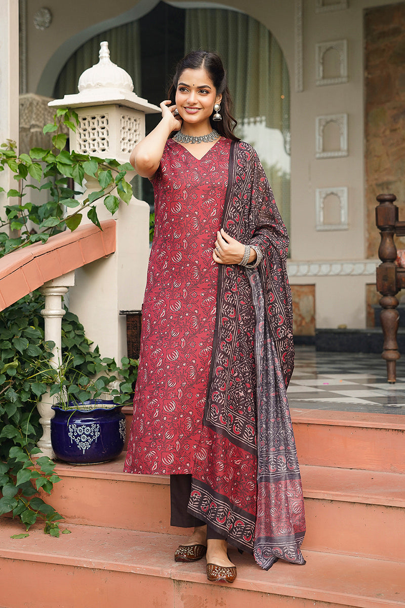 Maroon Cotton Blend Printed Straight Kurta Trousers With Dupatta | SHOBITAM