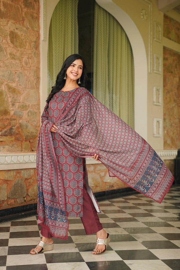 Maroon Cotton Blend Ajrakh Printed Straight Kurta Trousers With Dupatta | SHOBITAM