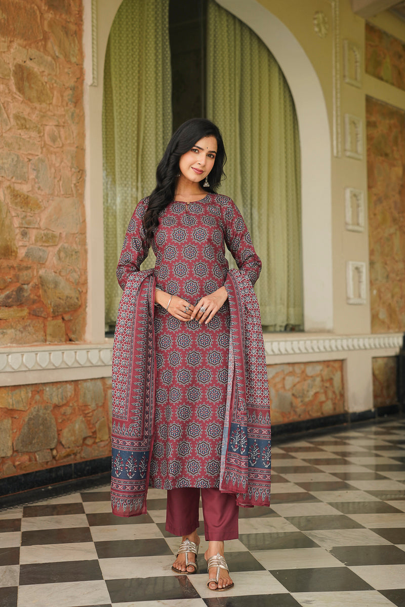 Maroon Cotton Blend Ajrakh Printed Straight Kurta Trousers With Dupatta | SHOBITAM