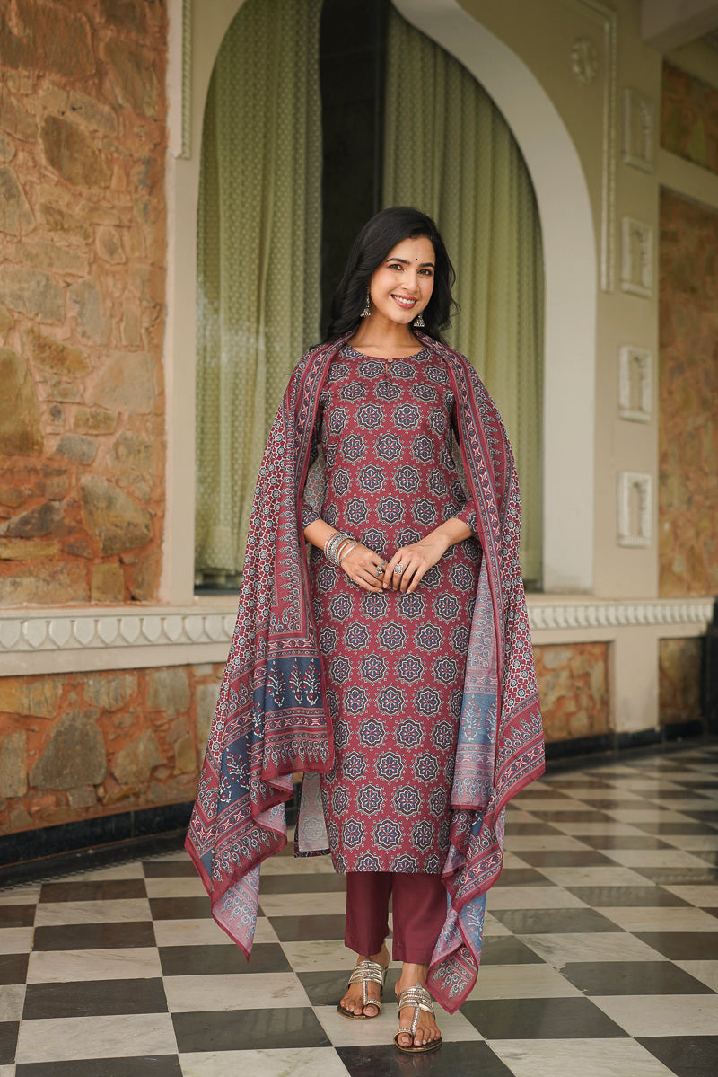 Maroon Cotton Blend Ajrakh Printed Straight Kurta Trousers With Dupatta | SHOBITAM