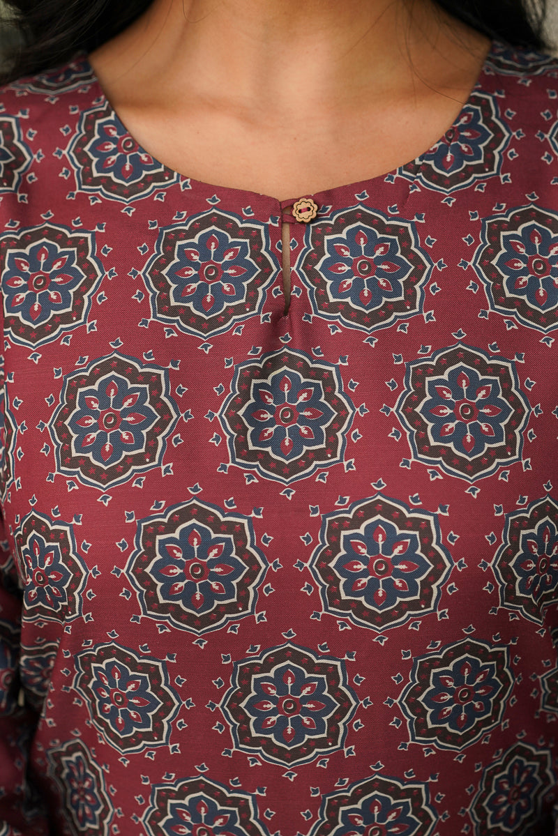 Maroon Cotton Blend Ajrakh Printed Straight Kurta Trousers With Dupatta | SHOBITAM