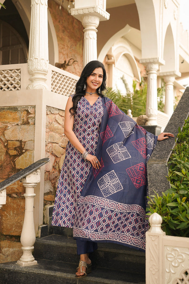 Blue Rayon Geometric Printed Straight Kurta Trousers With Dupatta | SHOBITAM