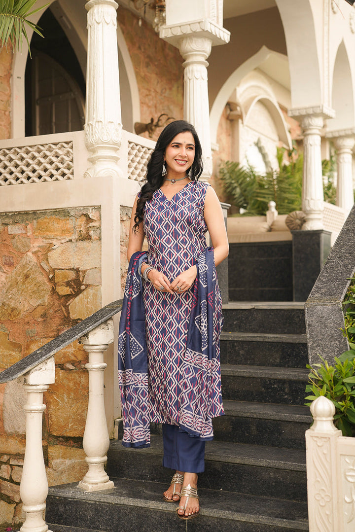 Blue Rayon Geometric Printed Straight Kurta Trousers With Dupatta | SHOBITAM