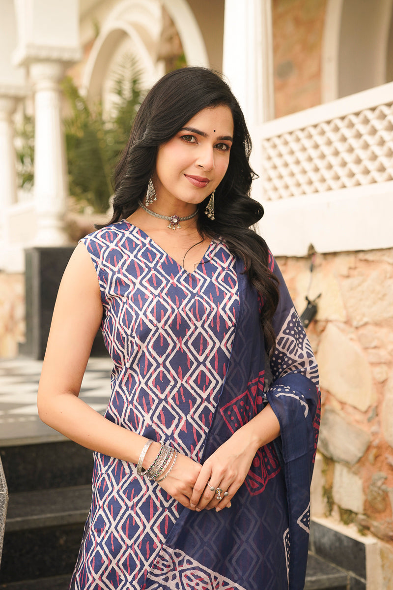 Blue Rayon Geometric Printed Straight Kurta Trousers With Dupatta | SHOBITAM