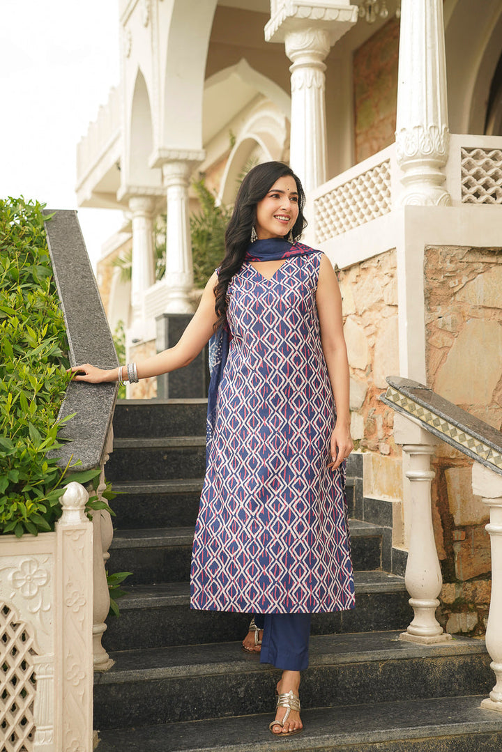 Blue Rayon Geometric Printed Straight Kurta Trousers With Dupatta | SHOBITAM