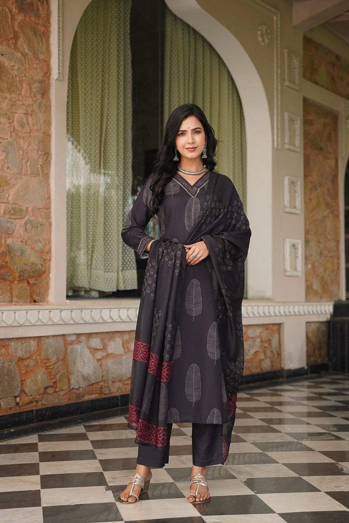 Black Cotton Blend Printed Straight Kurta Trousers With Dupatta | SHOBITAM