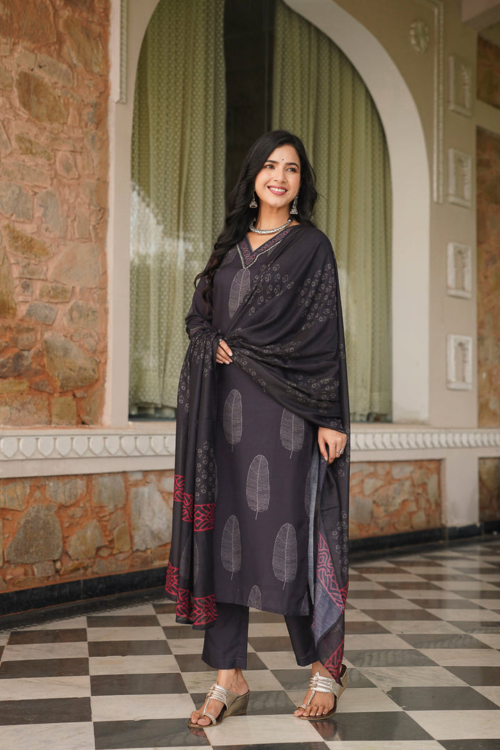 Black Cotton Blend Printed Straight Kurta Trousers With Dupatta | SHOBITAM