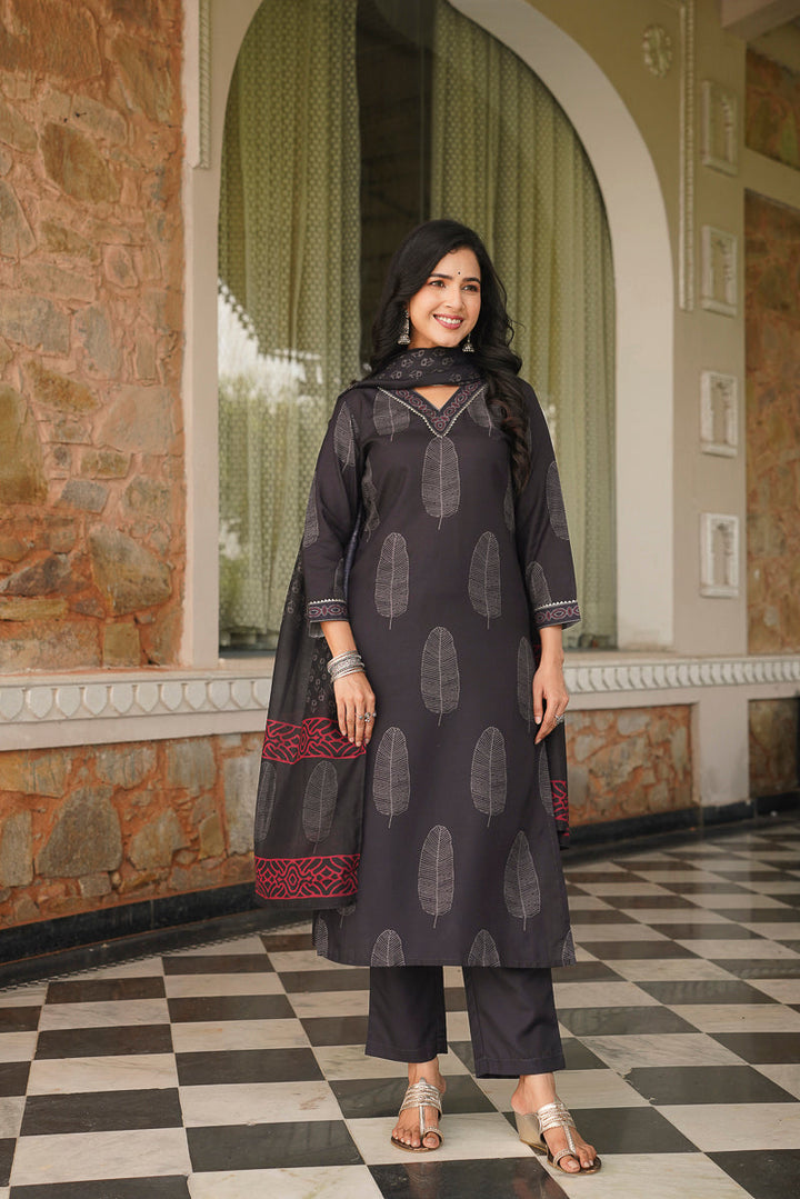 Black Cotton Blend Printed Straight Kurta Trousers With Dupatta | SHOBITAM