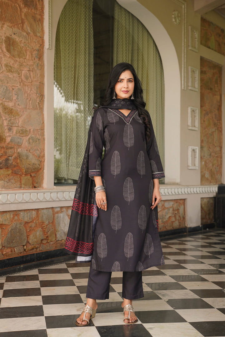Black Cotton Blend Printed Straight Kurta Trousers With Dupatta | SHOBITAM