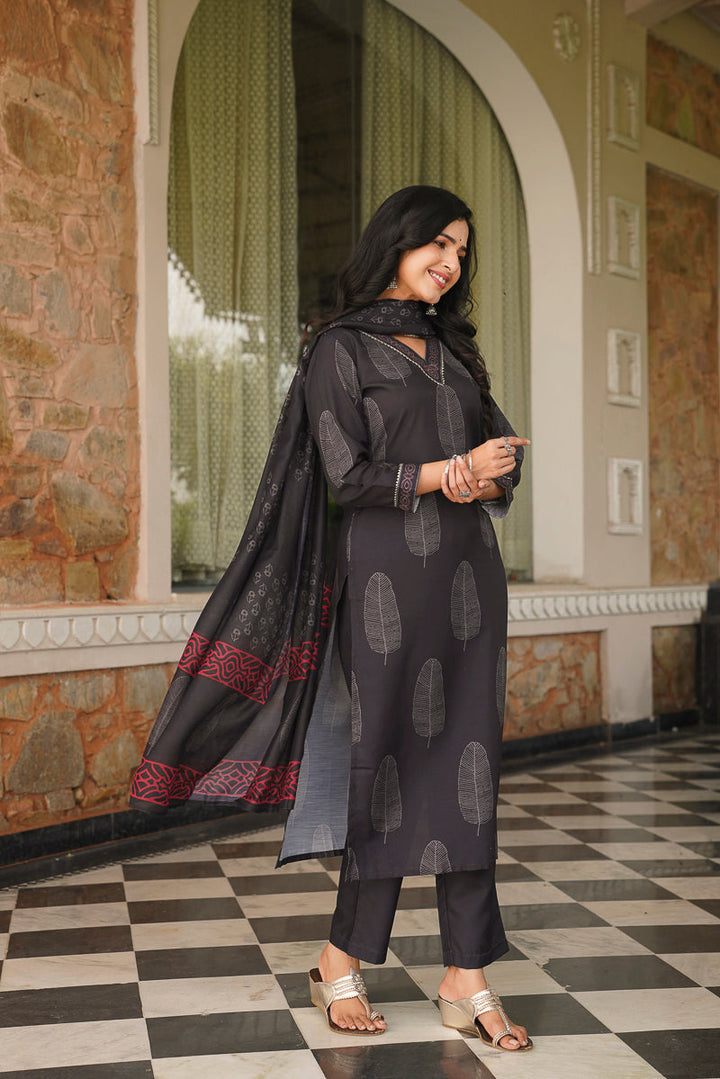 Black Cotton Blend Printed Straight Kurta Trousers With Dupatta | SHOBITAM