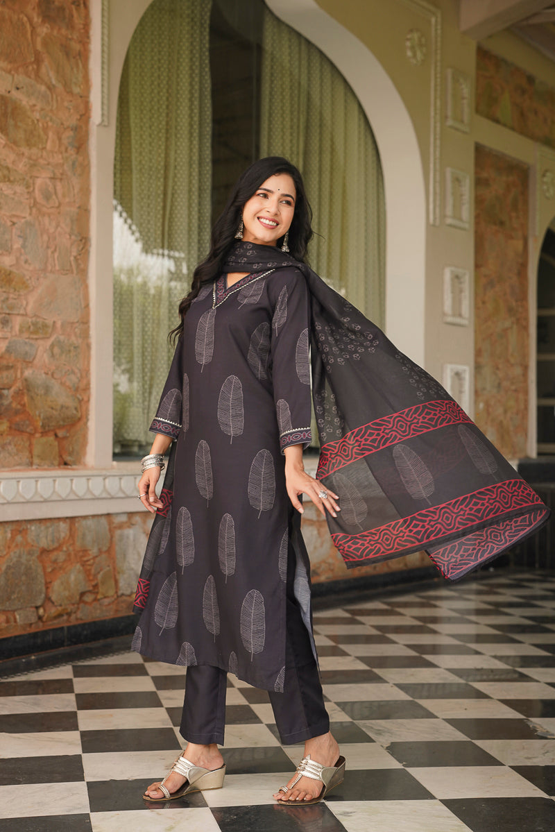 Black Cotton Blend Printed Straight Kurta Trousers With Dupatta | SHOBITAM