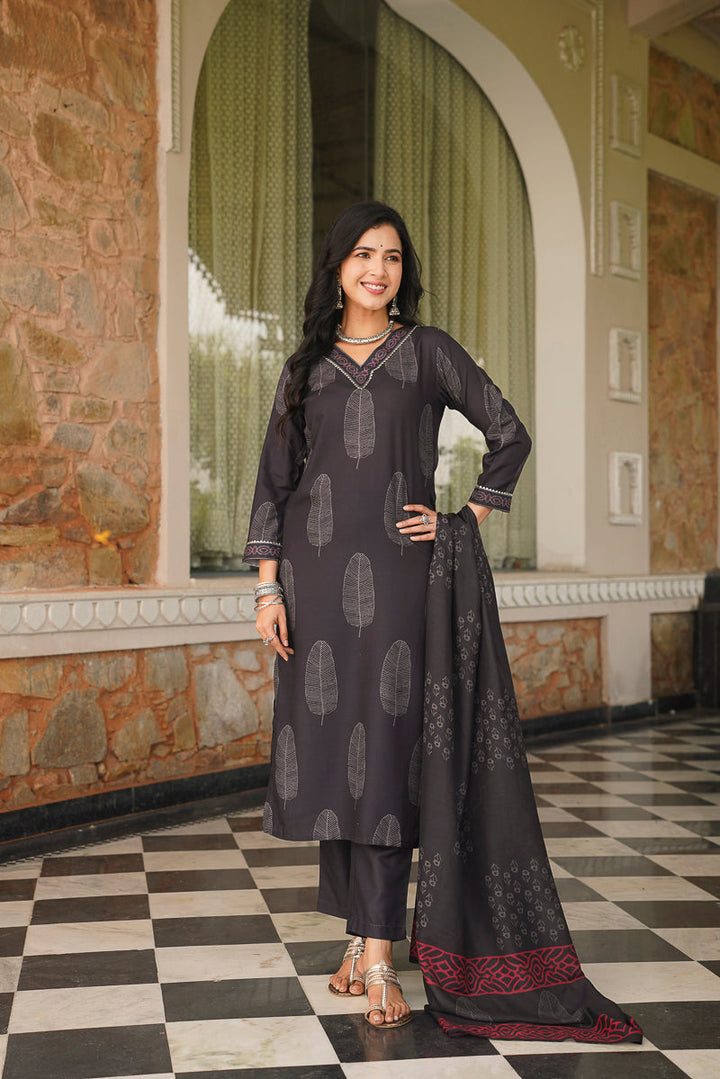 Black Cotton Blend Printed Straight Kurta Trousers With Dupatta | SHOBITAM