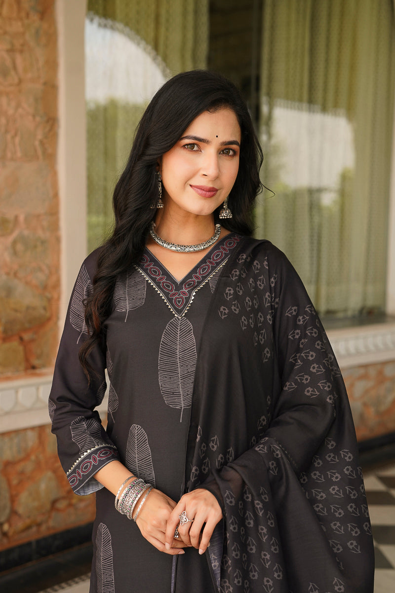 Black Cotton Blend Printed Straight Kurta Trousers With Dupatta | SHOBITAM