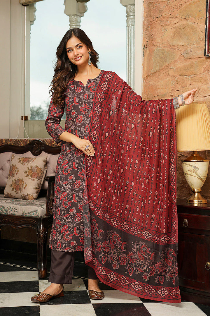 Brown Cotton Blend Floral Printed Straight Kurta Trousers With Dupatta  | SHOBITAM
