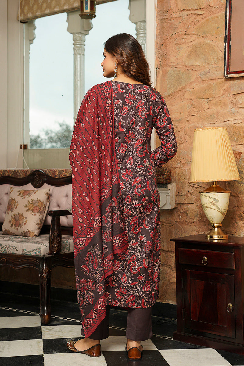 Brown Cotton Blend Floral Printed Straight Kurta Trousers With Dupatta  | SHOBITAM