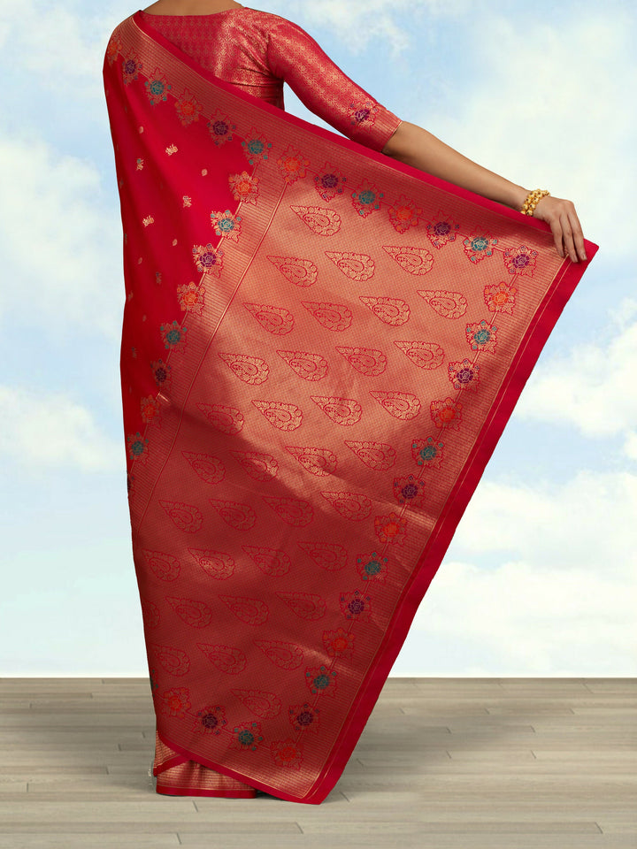 Dark Pink Semi Banarasi Silk Blend Saree With Zari Woven Work | SHOBITAM