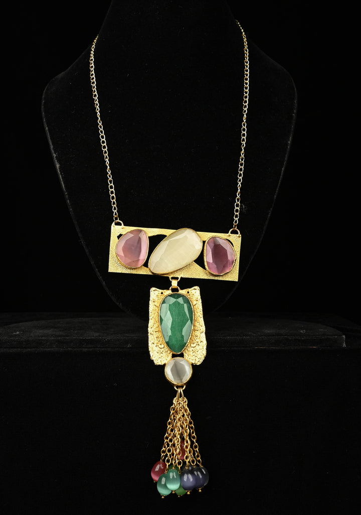 Fringe Chain Necklace with Deco Pendant and Watermelon Tourmaline Tassels