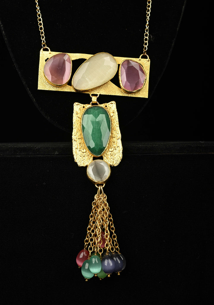 Fringe Chain Necklace with Deco Pendant and Watermelon Tourmaline Tassels