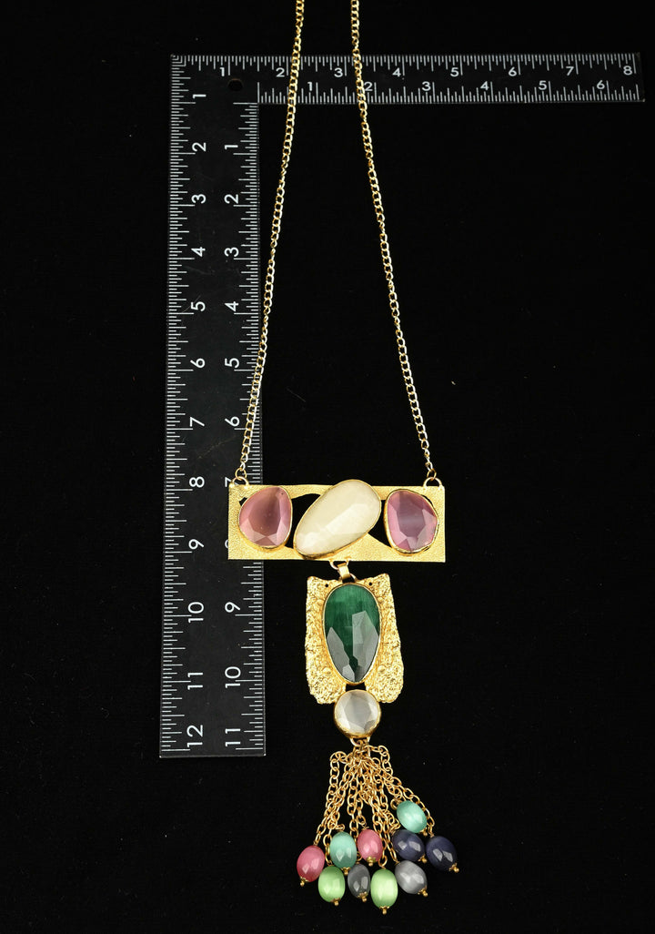 Fringe Chain Necklace with Deco Pendant and Watermelon Tourmaline Tassels