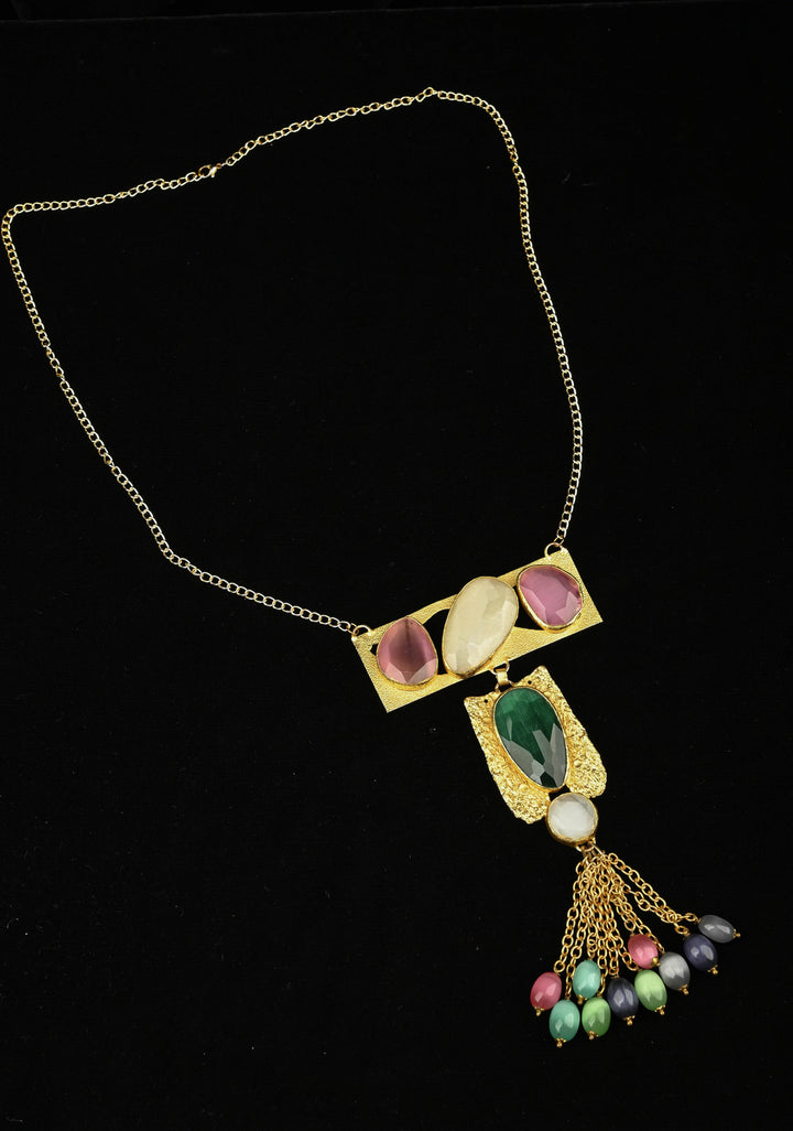 Fringe Chain Necklace with Deco Pendant and Watermelon Tourmaline Tassels