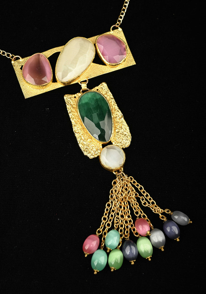 Fringe Chain Necklace with Deco Pendant and Watermelon Tourmaline Tassels